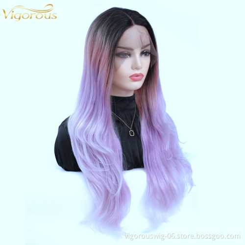 Vigorous best ombre purple color  27 inch curl bulk women heat resistant silk premium synthetic hd lace front wig